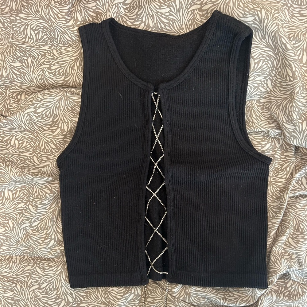 Black Sleeveless Top with Lace-Up Detail